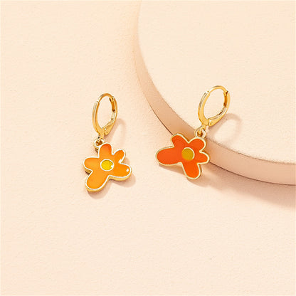 Orange Enamel and 18K Gold-Plated Flower Drop Earrings, gold huggie earrings, everyday style, lifestyle look