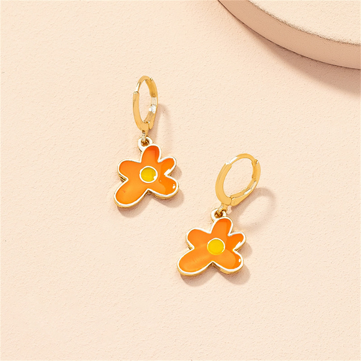 Orange Enamel and 18K Gold-Plated Flower Drop Earrings, gold huggie earrings, everyday style, styled look