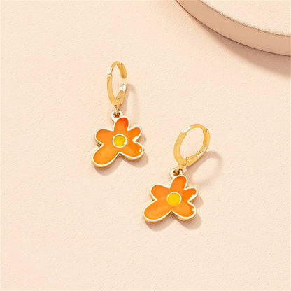 Orange Enamel and 18K Gold-Plated Flower Drop Earrings, gold huggie earrings, everyday style, styled look
