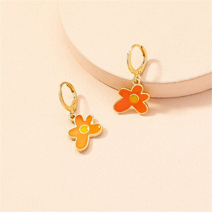 Orange Enamel and 18K Gold-Plated Flower Drop Earrings, gold huggie earrings, everyday style, side view