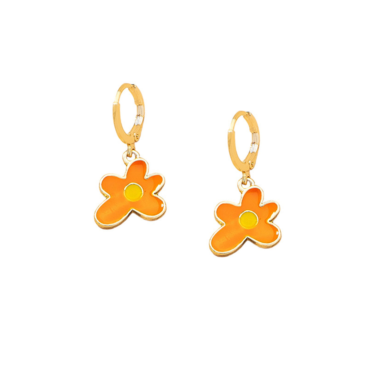 Orange Enamel and 18K Gold-Plated Flower Drop Earrings, gold huggie earrings, everyday style, front view