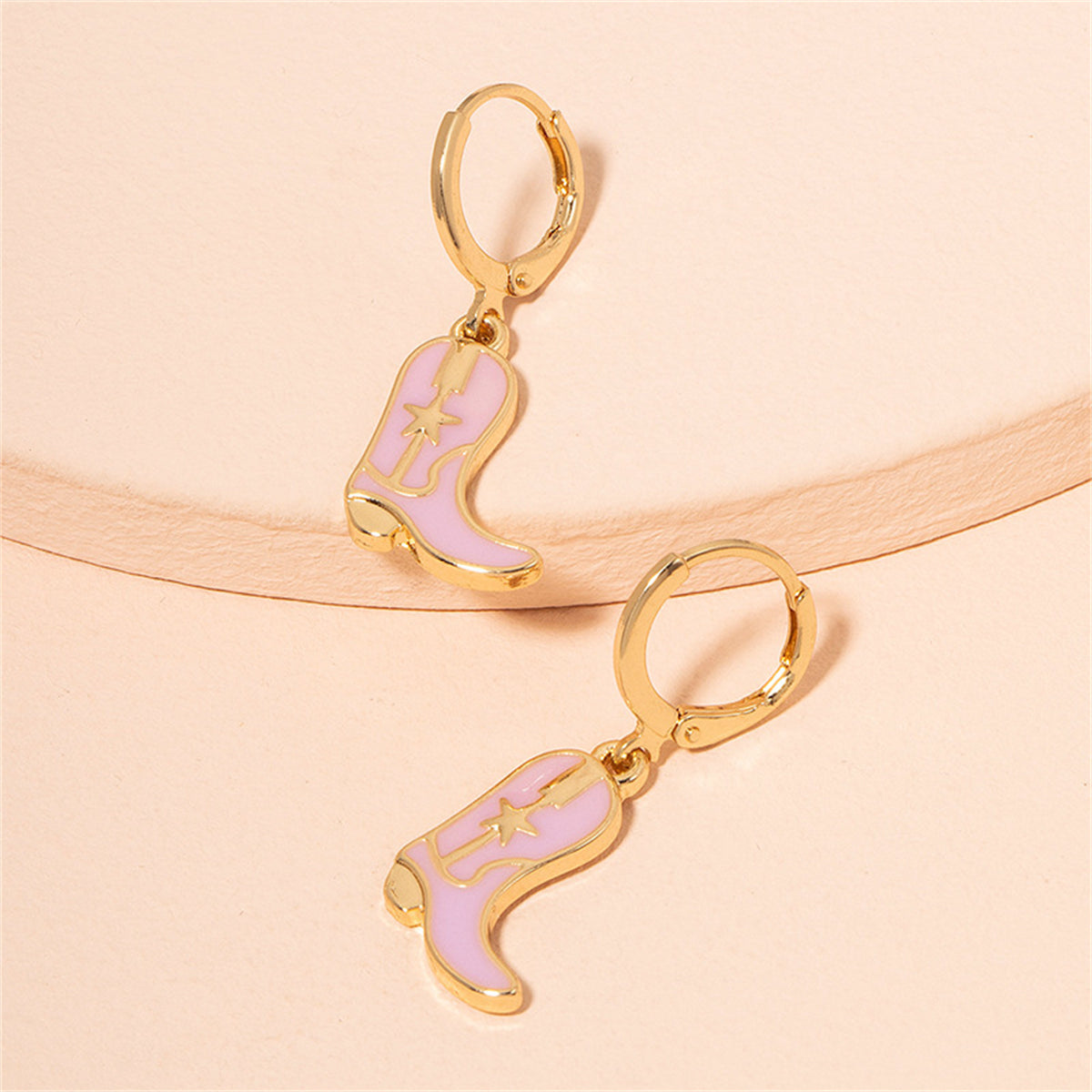 Pink Enamel and 18K Gold-Plated Star Boot Drop Earrings, gold huggie earrings, botanical inspired, side view