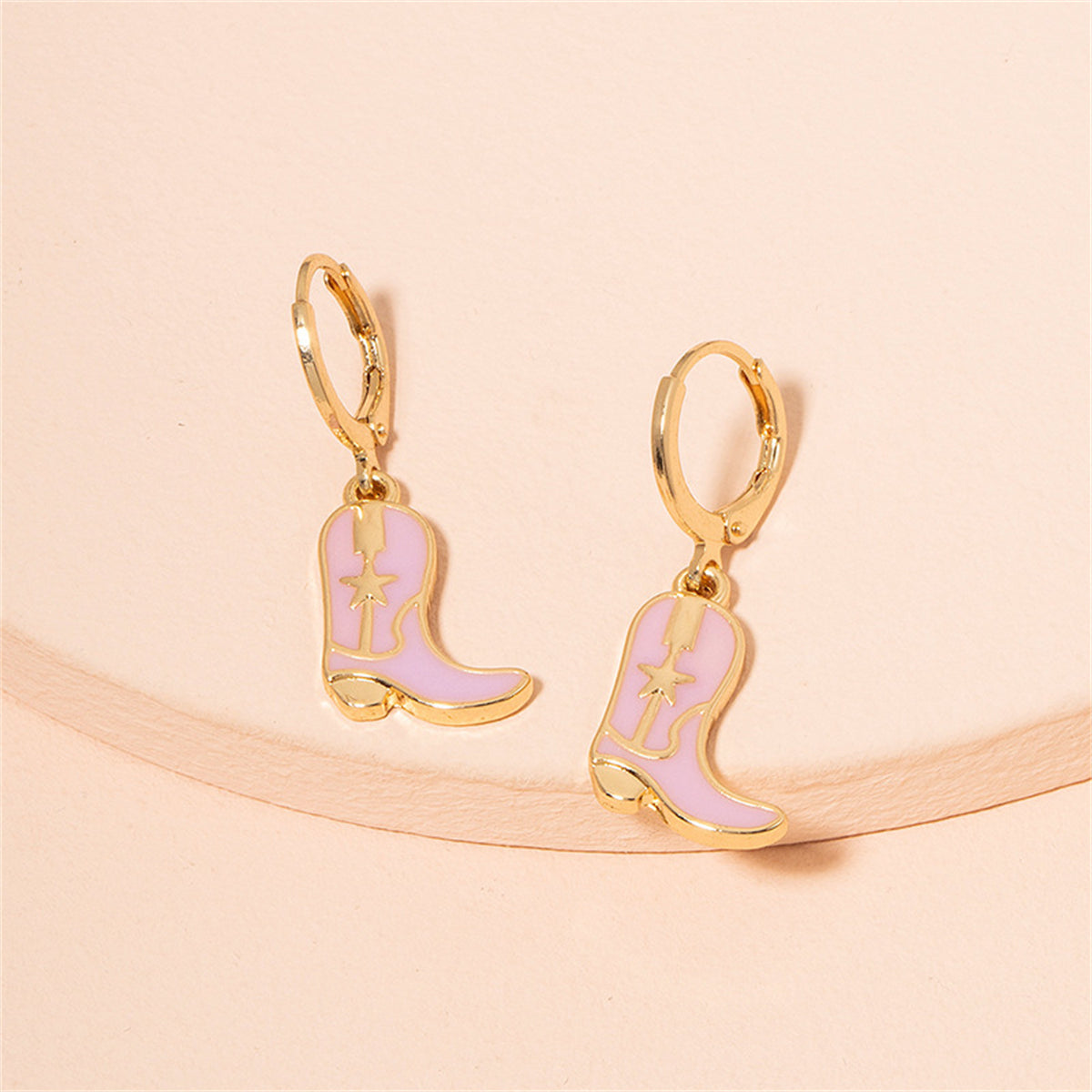 Pink Enamel and 18K Gold-Plated Star Boot Drop Earrings, gold huggie earrings, botanical inspired, detail close-up