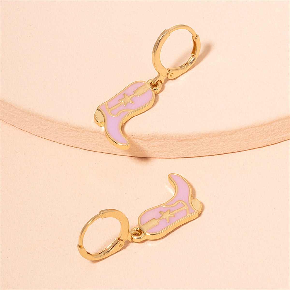 Pink Enamel and 18K Gold-Plated Star Boot Drop Earrings, gold huggie earrings, botanical inspired, lifestyle look