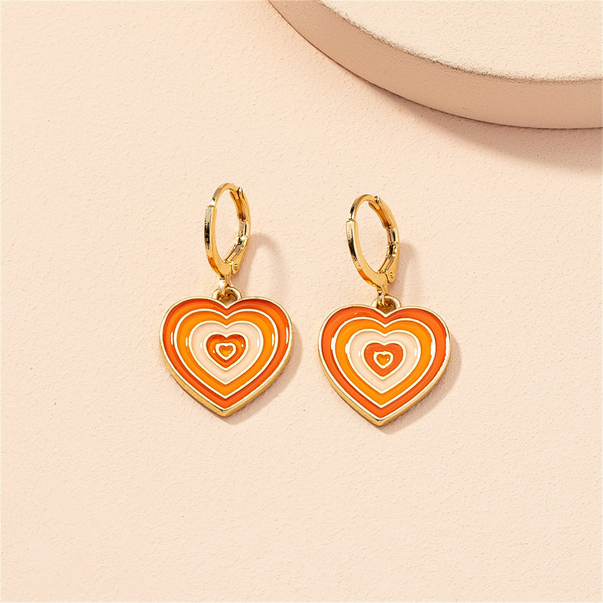 Orange Enamel and 18K Gold Halo Heart Drop Earrings, gold huggie earrings, dainty minimalist design, front view