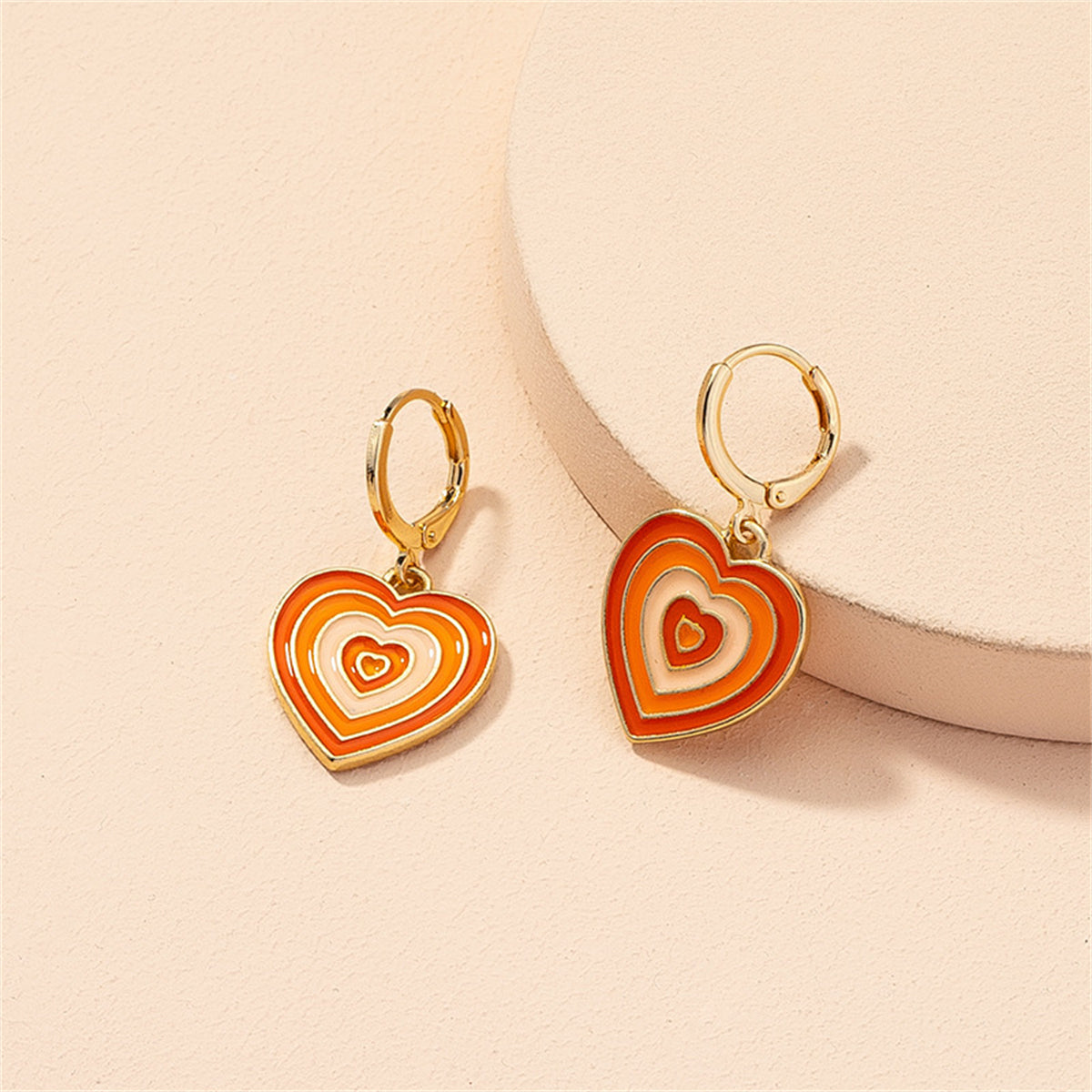Orange Enamel and 18K Gold Halo Heart Drop Earrings, gold huggie earrings, dainty minimalist design, side view