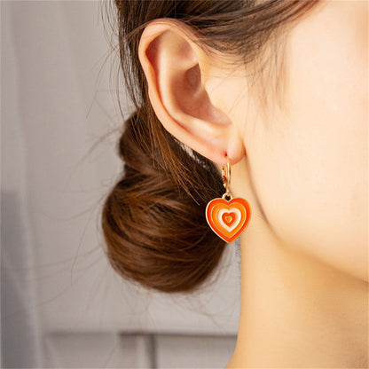 Orange Enamel and 18K Gold Halo Heart Drop Earrings, gold huggie earrings, dainty minimalist design, detail close-up