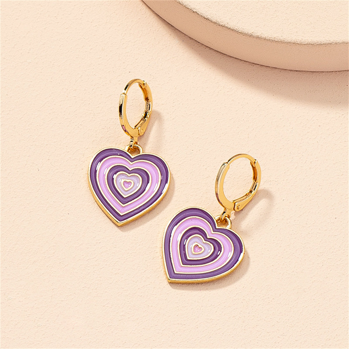 Purple Enamel and 18K Gold-Plated Halo Heart Drop Earrings, gold huggie earrings, botanical inspired, front view