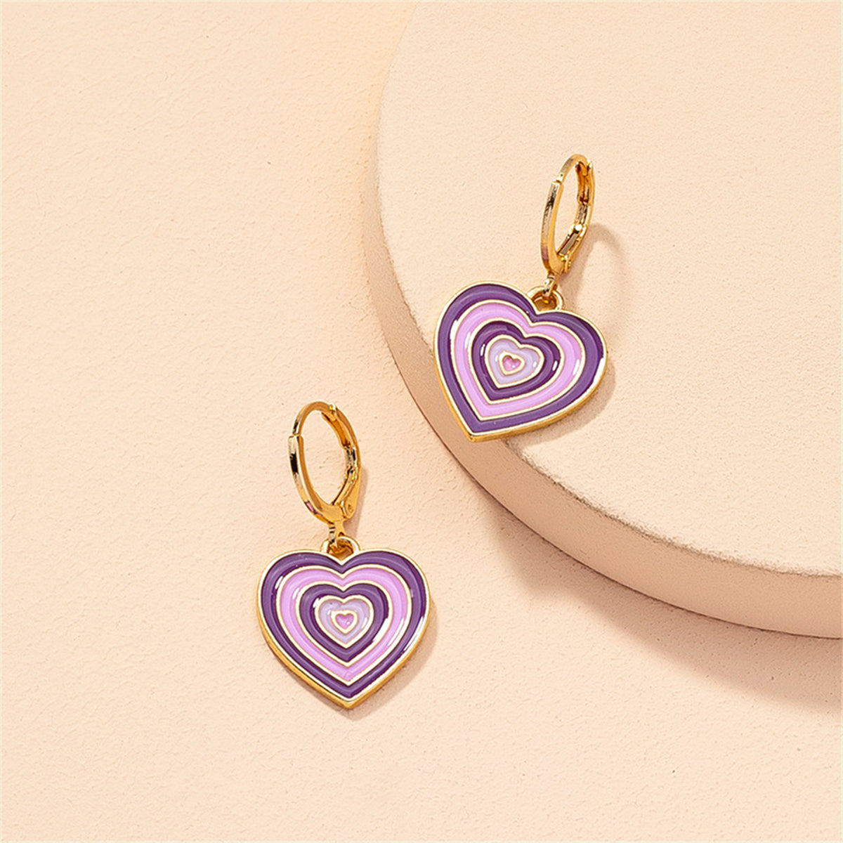 Purple Enamel and 18K Gold-Plated Halo Heart Drop Earrings, gold huggie earrings, botanical inspired, side view