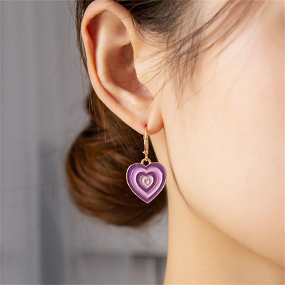 Purple Enamel and 18K Gold-Plated Halo Heart Drop Earrings, gold huggie earrings, botanical inspired, detail close-up