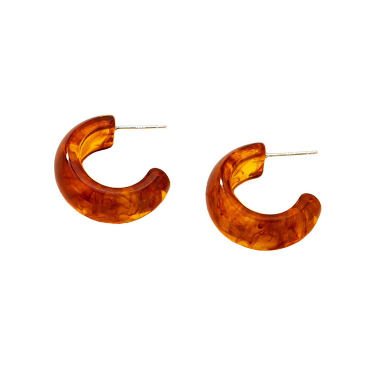 Amber Resin and Silver-Plated Huggie Earrings, silver huggie earrings, dainty minimalist design, detail close-up