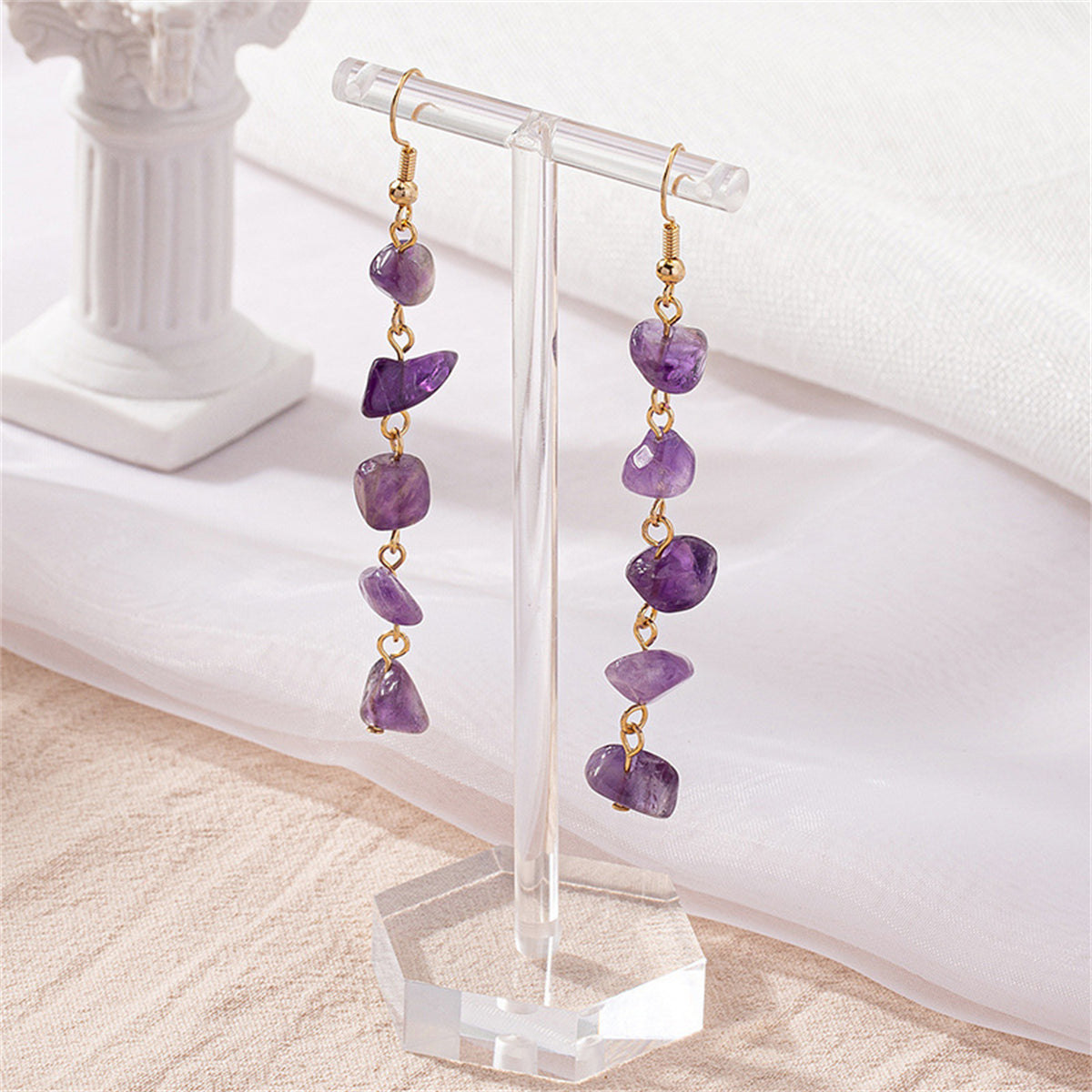 Purple Resin and 18K Gold-Plated Linear Drop Earrings, gold drop earrings for women, everyday style, front view