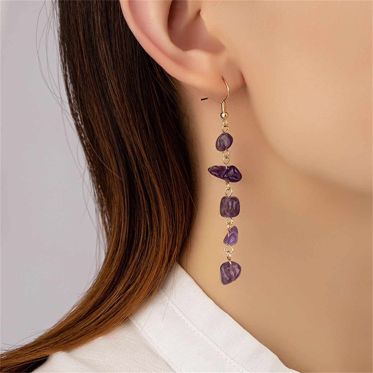 Purple Resin and 18K Gold-Plated Linear Drop Earrings, gold drop earrings for women, everyday style, lifestyle look