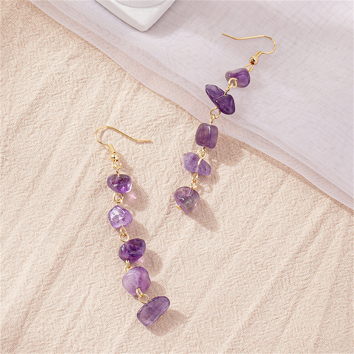 Purple Resin and 18K Gold-Plated Linear Drop Earrings, gold drop earrings for women, everyday style, side view