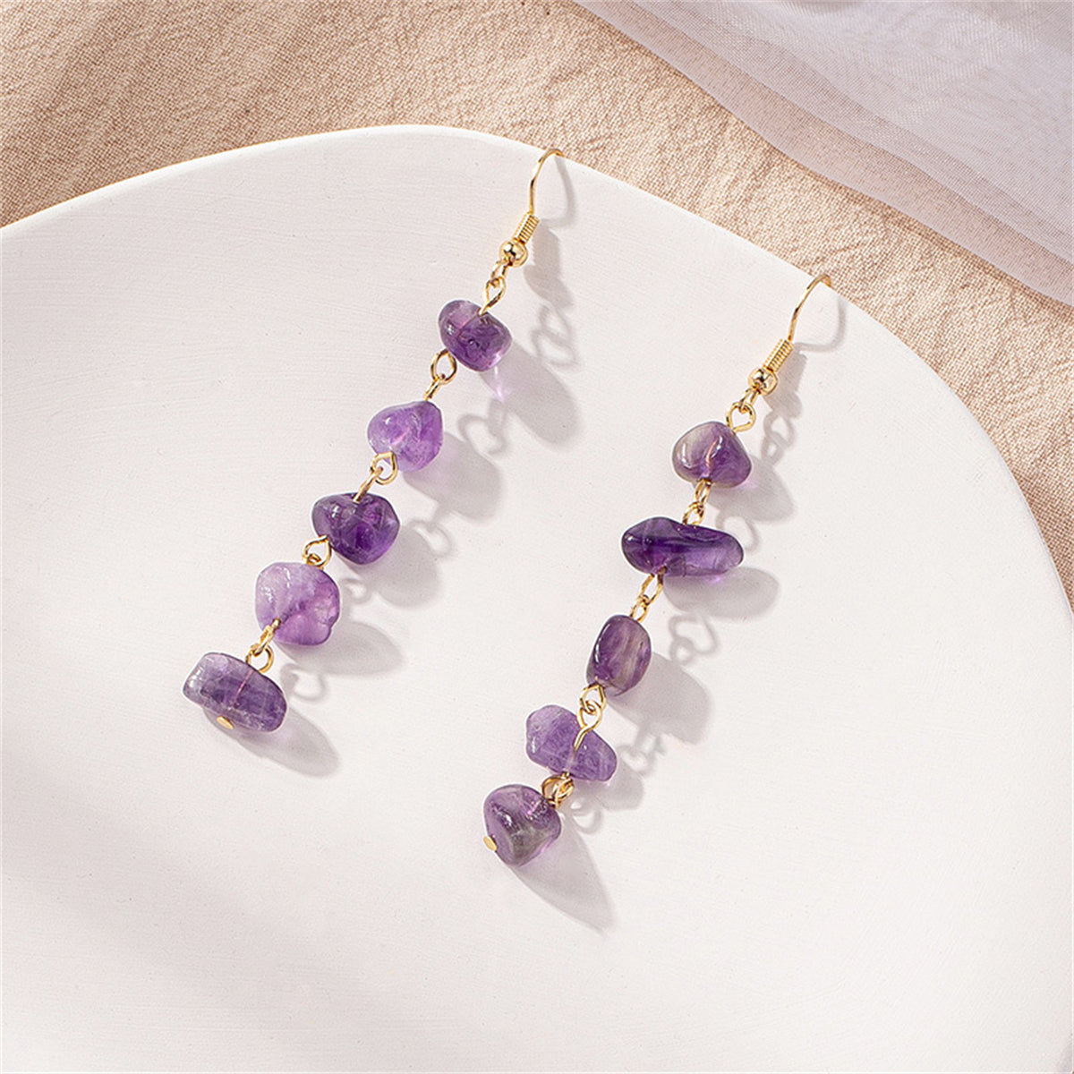 Purple Resin and 18K Gold-Plated Linear Drop Earrings, gold drop earrings for women, everyday style, detail close-up