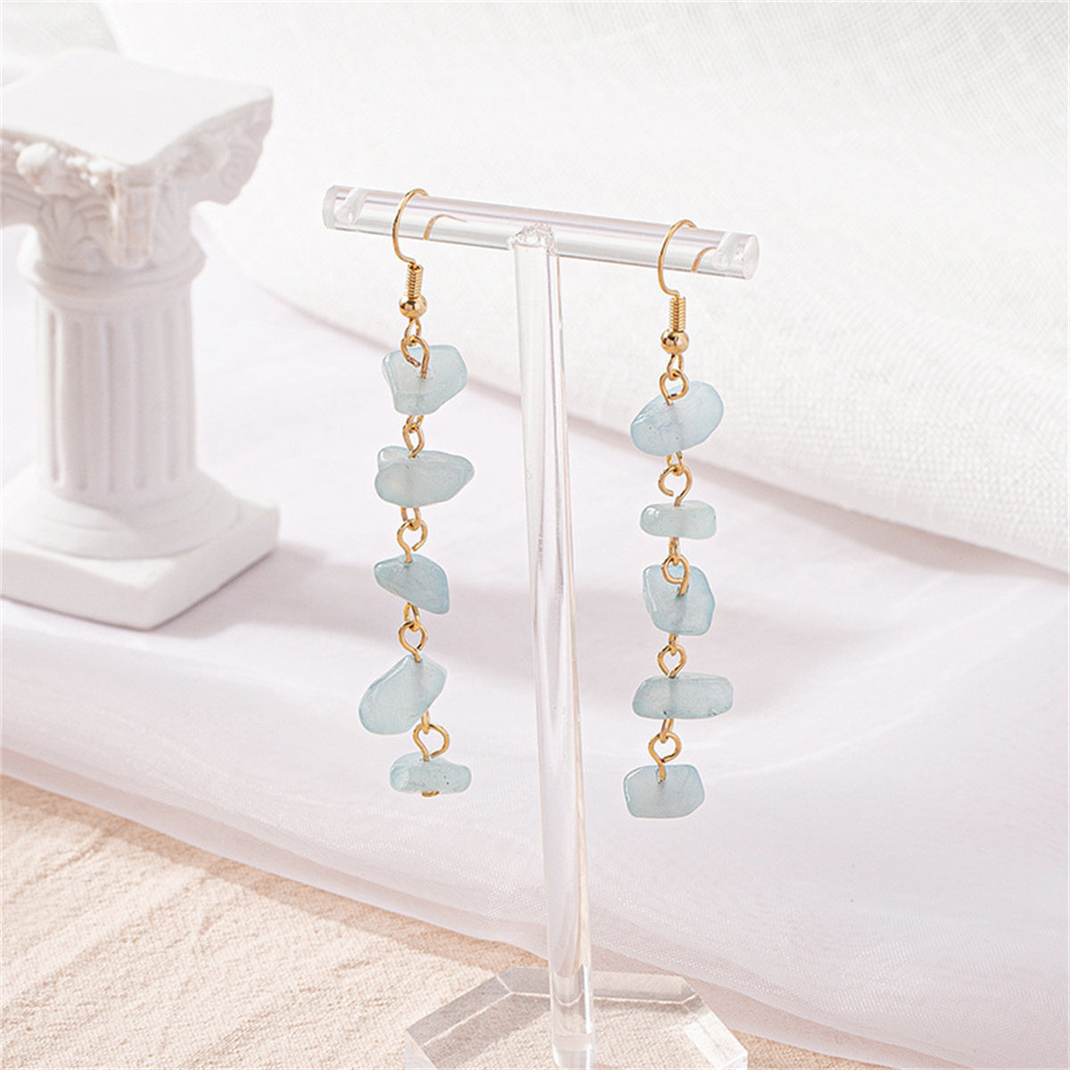 Blue Quartz and 18K Gold-Plated Linear Drop Earrings, gold drop earrings for women, elegant gift for her, front view