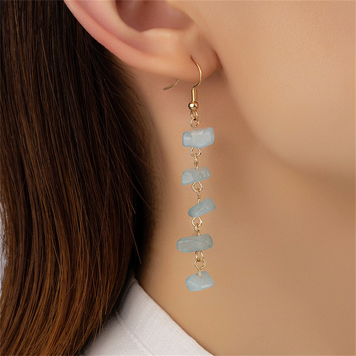 Blue Quartz and 18K Gold-Plated Linear Drop Earrings, gold drop earrings for women, elegant gift for her, styled look