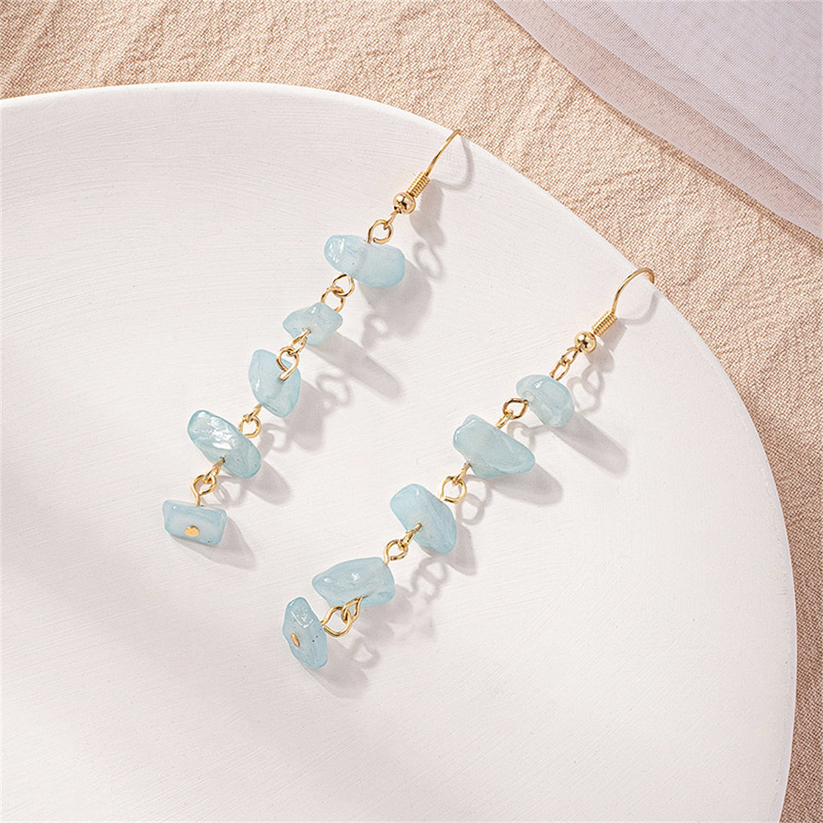 Blue Quartz and 18K Gold-Plated Linear Drop Earrings, gold drop earrings for women, elegant gift for her, detail close-up