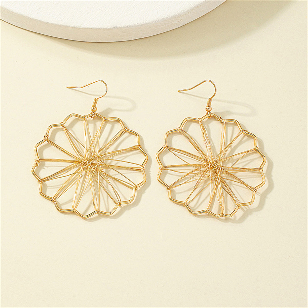 18K Gold-Plated Openwork Mum Drop Earrings, gold drop earrings for women, botanical inspired, detail close-up