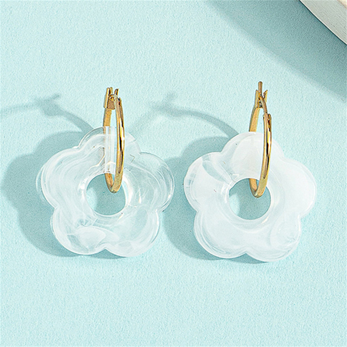 White Resin and 18K Gold-Plated Floral Huggie Earrings, gold huggie earrings, vintage-inspired design, detail close-up