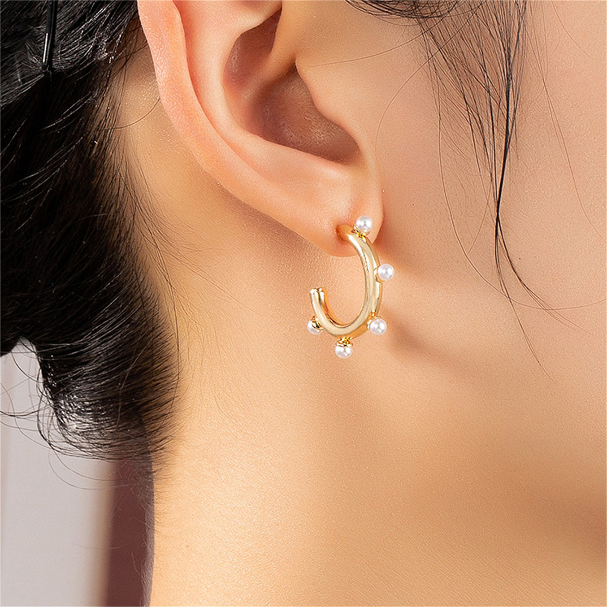 Pearl and 18K Gold-Plated C-Shape Drop Earrings, gold stud earrings for women, vintage-inspired design, front view