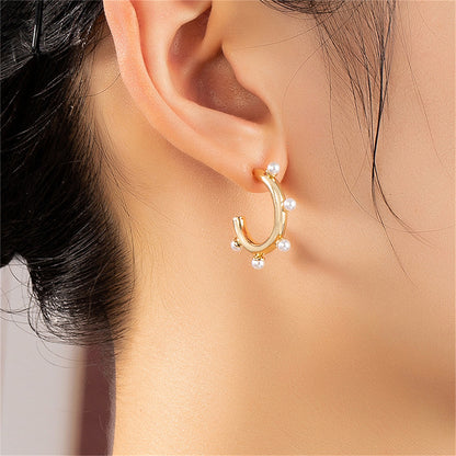 Pearl and 18K Gold-Plated C-Shape Drop Earrings, gold stud earrings for women, vintage-inspired design, front view