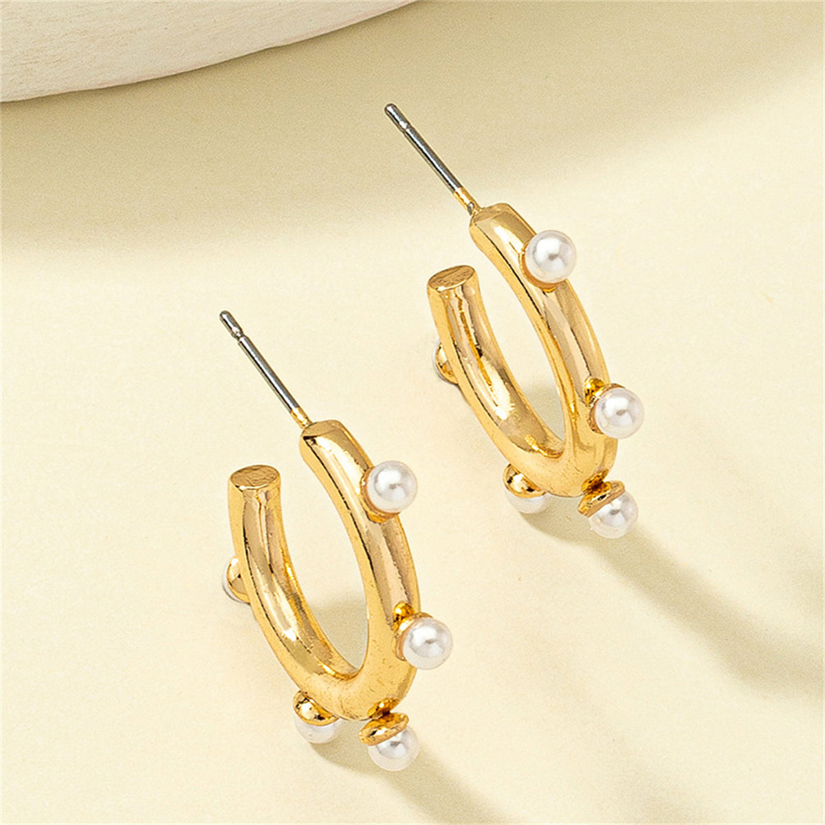 Pearl and 18K Gold-Plated C-Shape Drop Earrings, gold stud earrings for women, vintage-inspired design, lifestyle look
