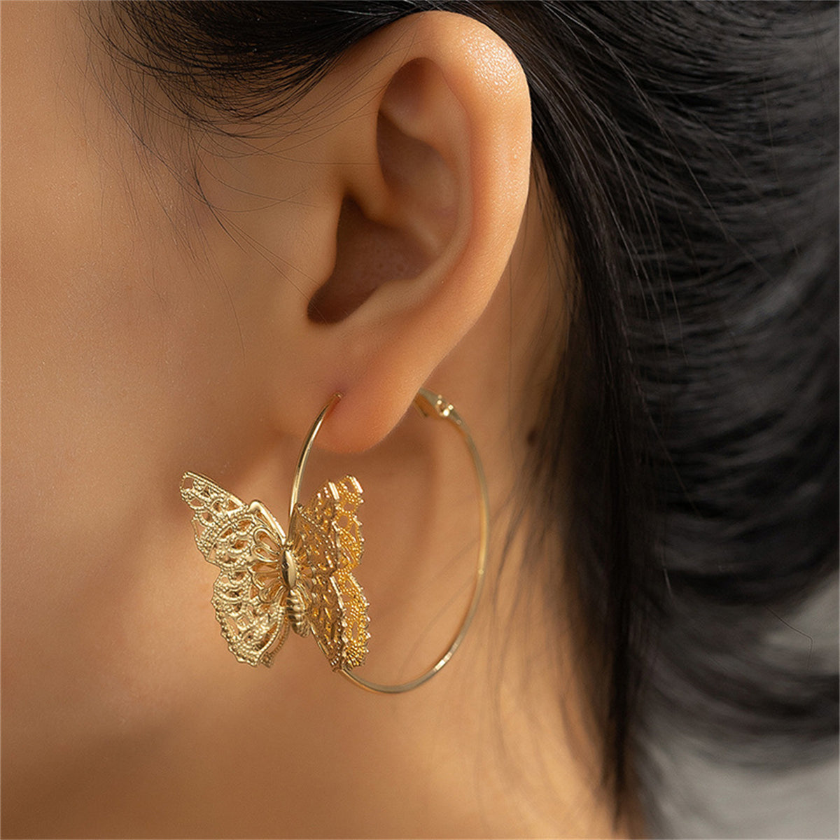 18K Gold-Plated Filigree Butterfly Hoop Earrings, gold drop earrings for women, botanical inspired, front view