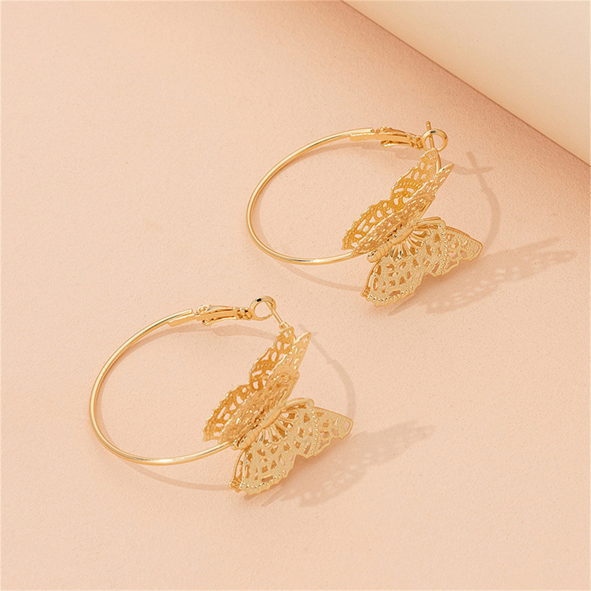 18K Gold-Plated Filigree Butterfly Hoop Earrings, gold drop earrings for women, botanical inspired, detail close-up