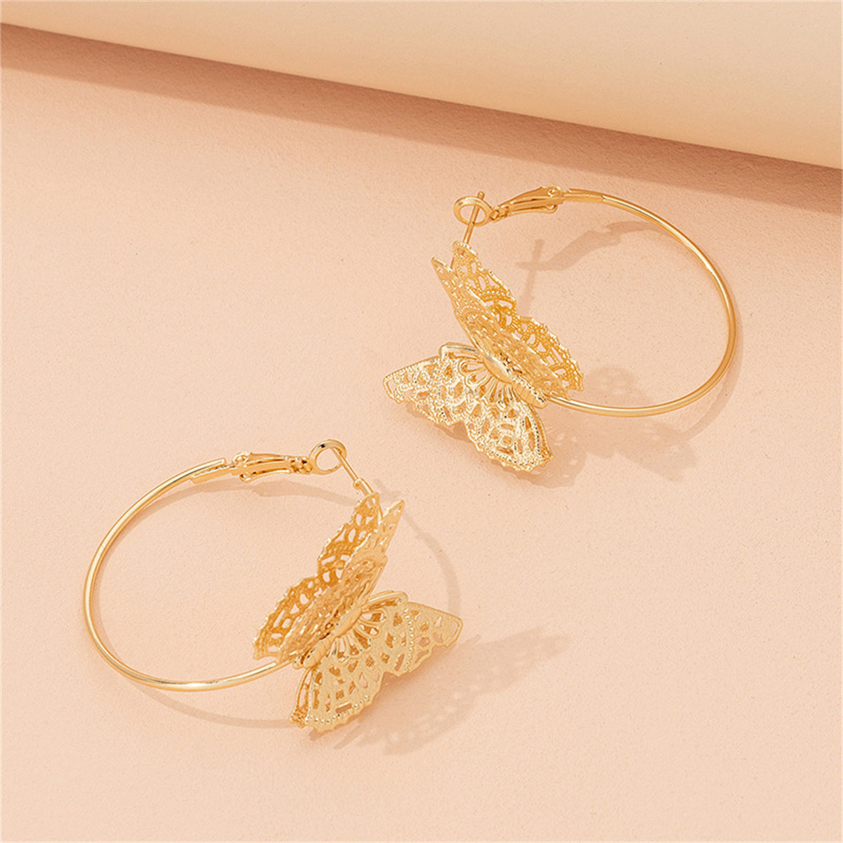 18K Gold-Plated Filigree Butterfly Hoop Earrings, gold drop earrings for women, botanical inspired, lifestyle look