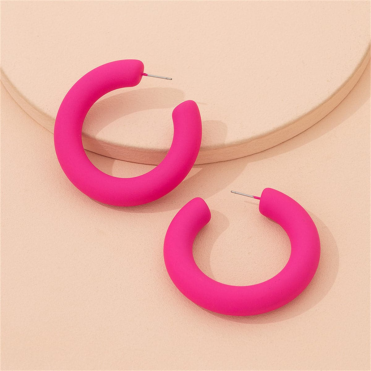 Rose Enamel and Silver-Plated C-Shape Huggie Earrings, silver huggie earrings, everyday style, front view