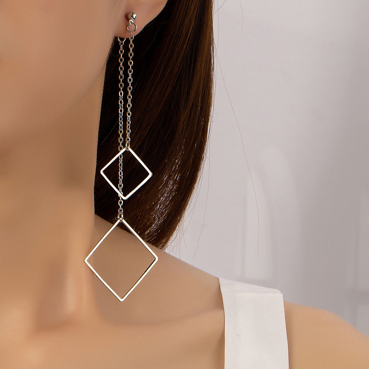 Silver-Plated Square Drop Earrings, silver drop earrings for women, botanical inspired, front view