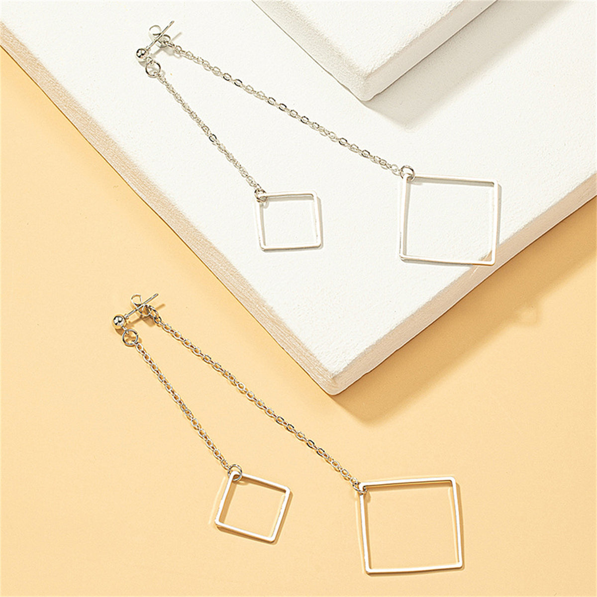 Silver-Plated Square Drop Earrings, silver drop earrings for women, botanical inspired, lifestyle look