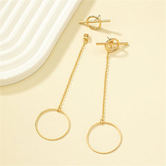 Beautiful gold tone ear jackets with a circle and chain design, crafted in 18K gold plating for a luxurious finish.