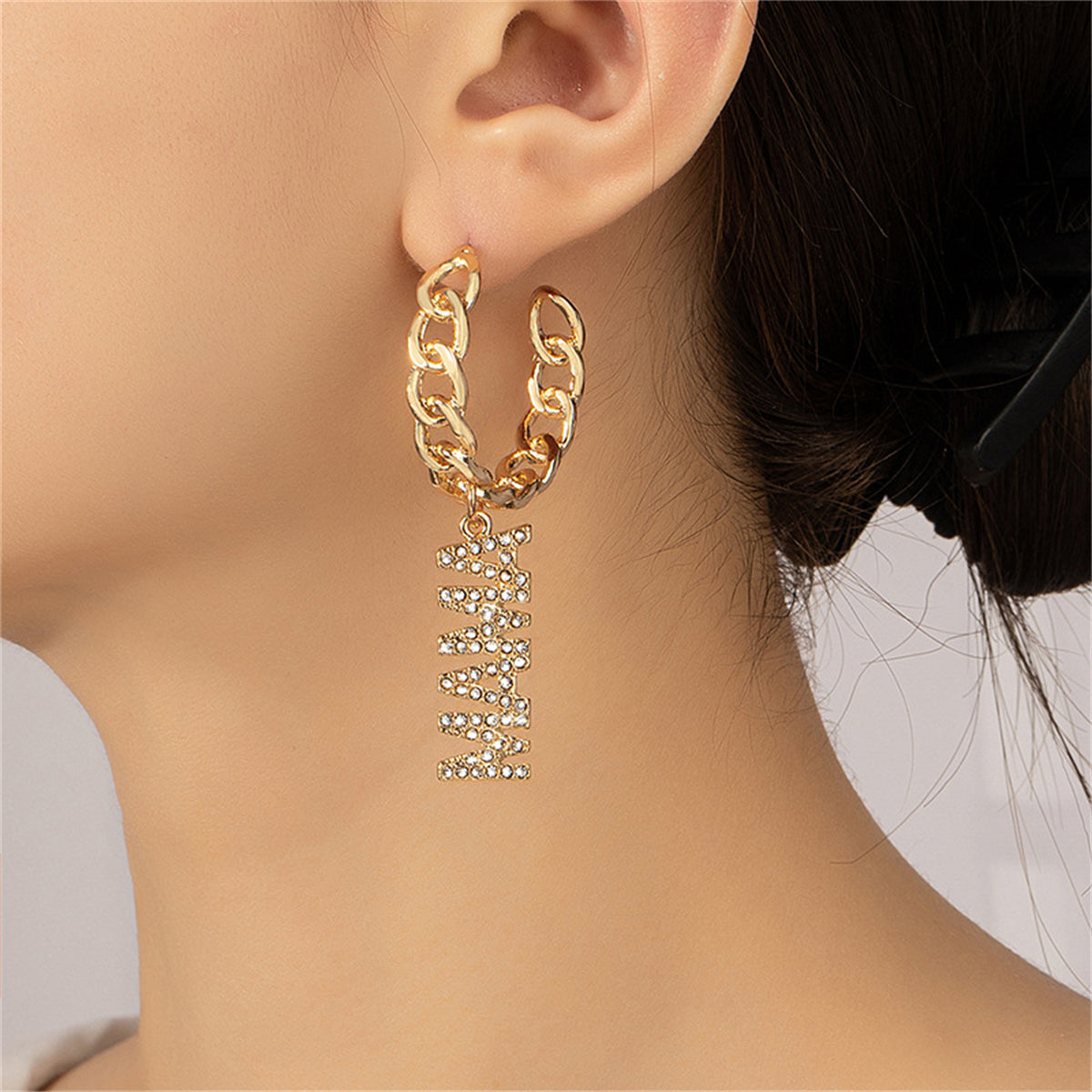 Cubic Zirconia & 18K Gold-Plated 'Mama' Chain Hoop Earrings