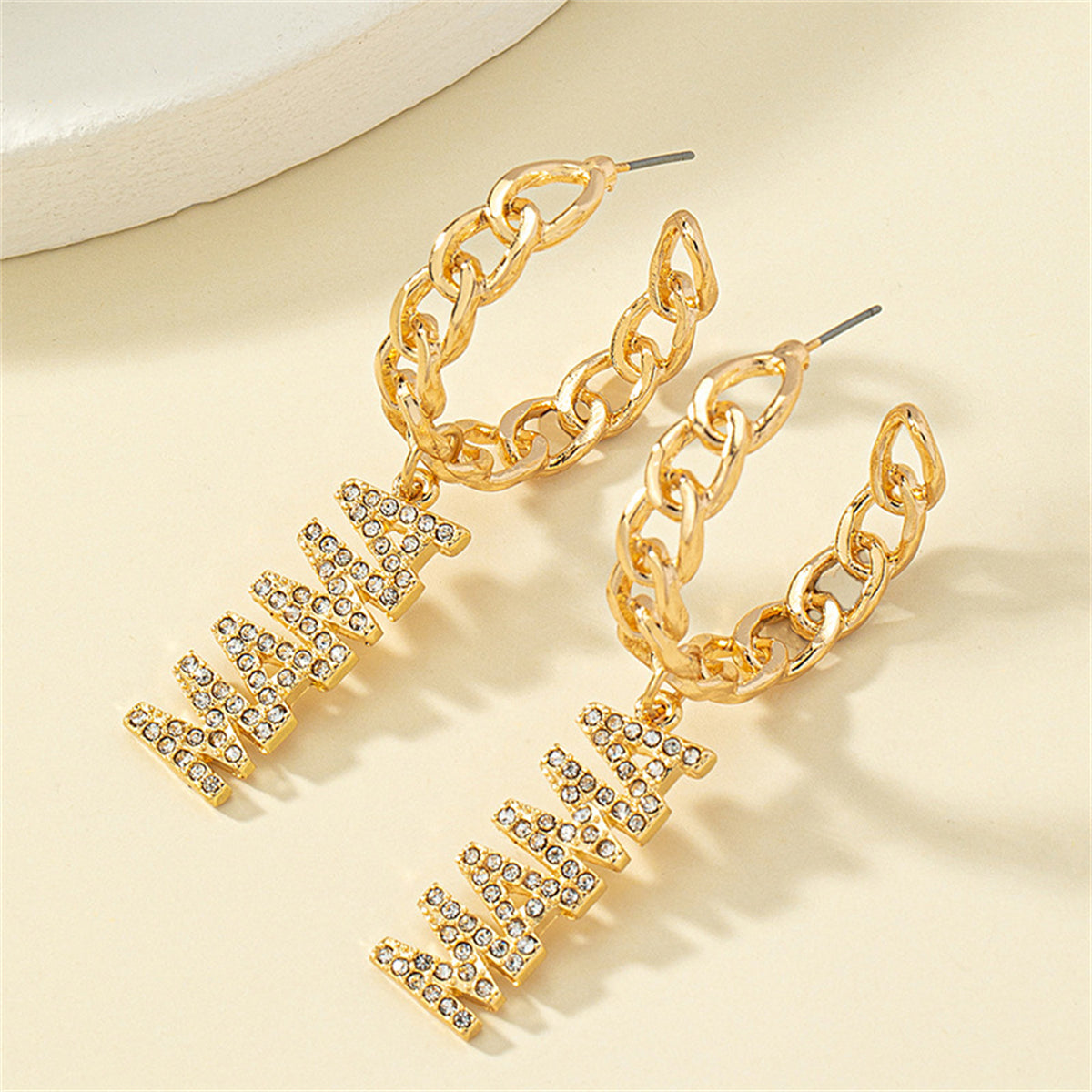 Cubic Zirconia & 18K Gold-Plated 'Mama' Chain Hoop Earrings
