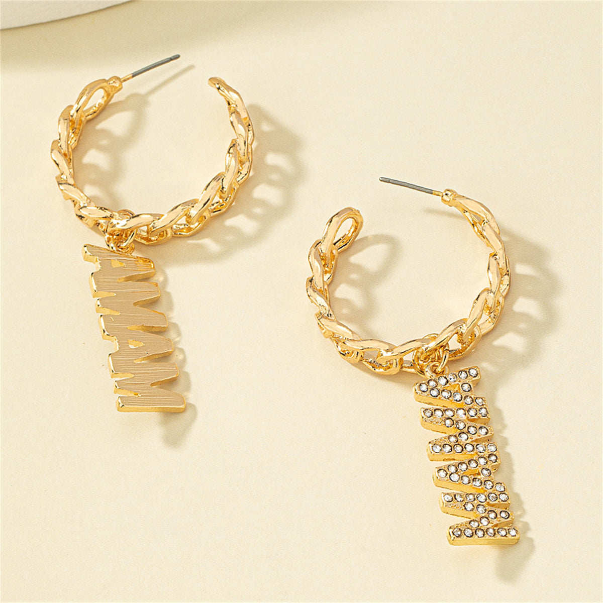 Cubic Zirconia & 18K Gold-Plated 'Mama' Chain Hoop Earrings