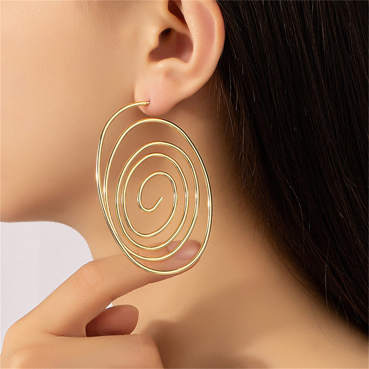 18K Gold-Plated Vortex Hoop Earrings, gold drop earrings for women, dainty minimalist design, front view