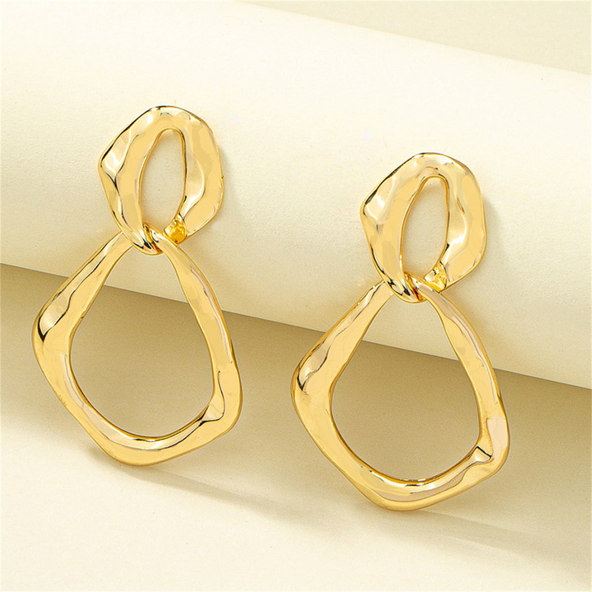 18K Gold-Plated Interlocked Rhombus Drop Earrings, gold drop earrings for women, dainty minimalist design, detail close-up