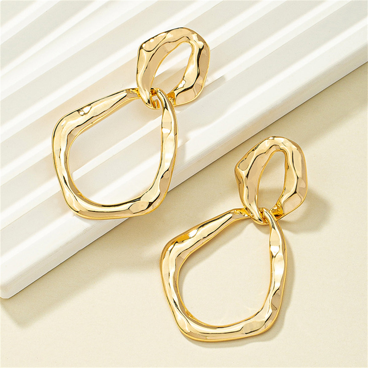 18K Gold-Plated Interlocked Rhombus Drop Earrings, gold drop earrings for women, dainty minimalist design, lifestyle look