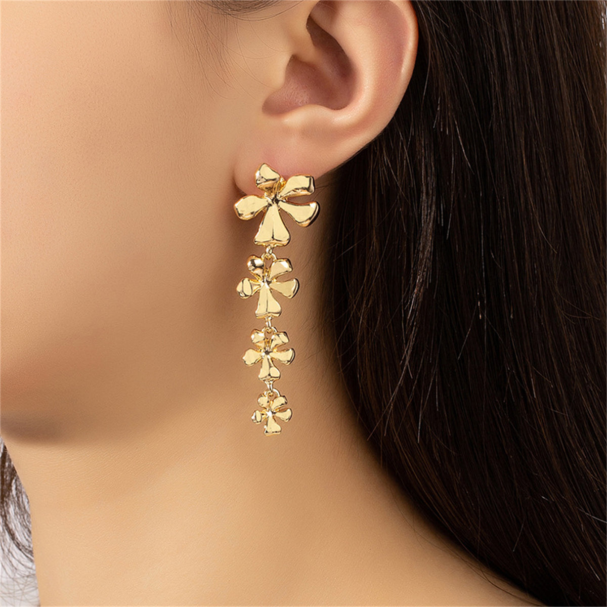 18K Gold-Plated Linked Flower Drop Earrings, gold drop earrings for women, elegant gift for her, front view