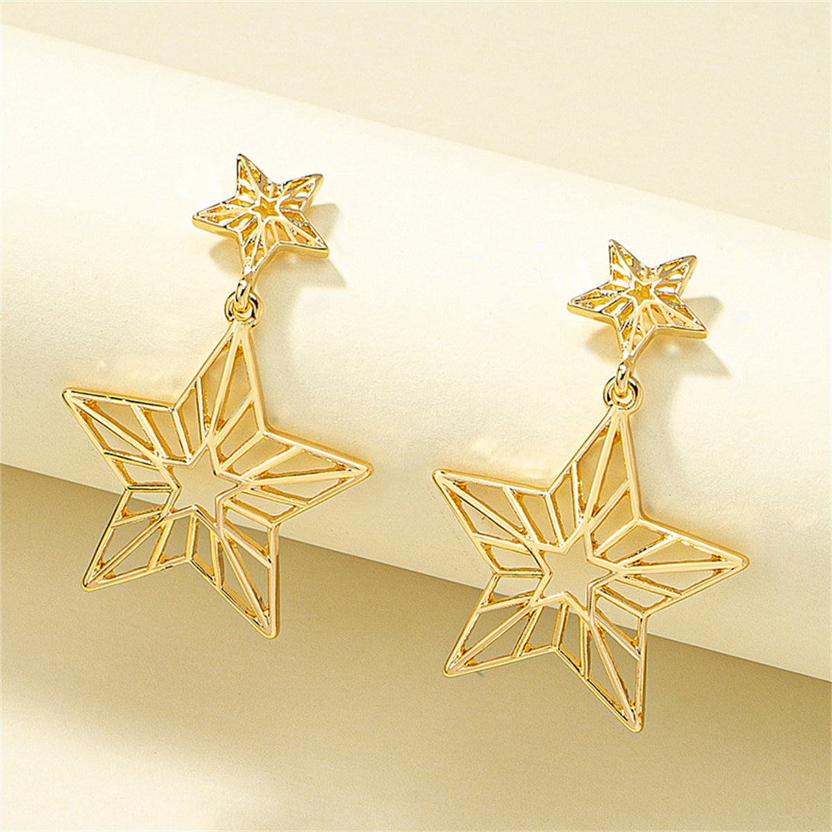 18K Gold-Plated Openwork Star Drop Earrings, gold drop earrings for women, botanical inspired, detail close-up