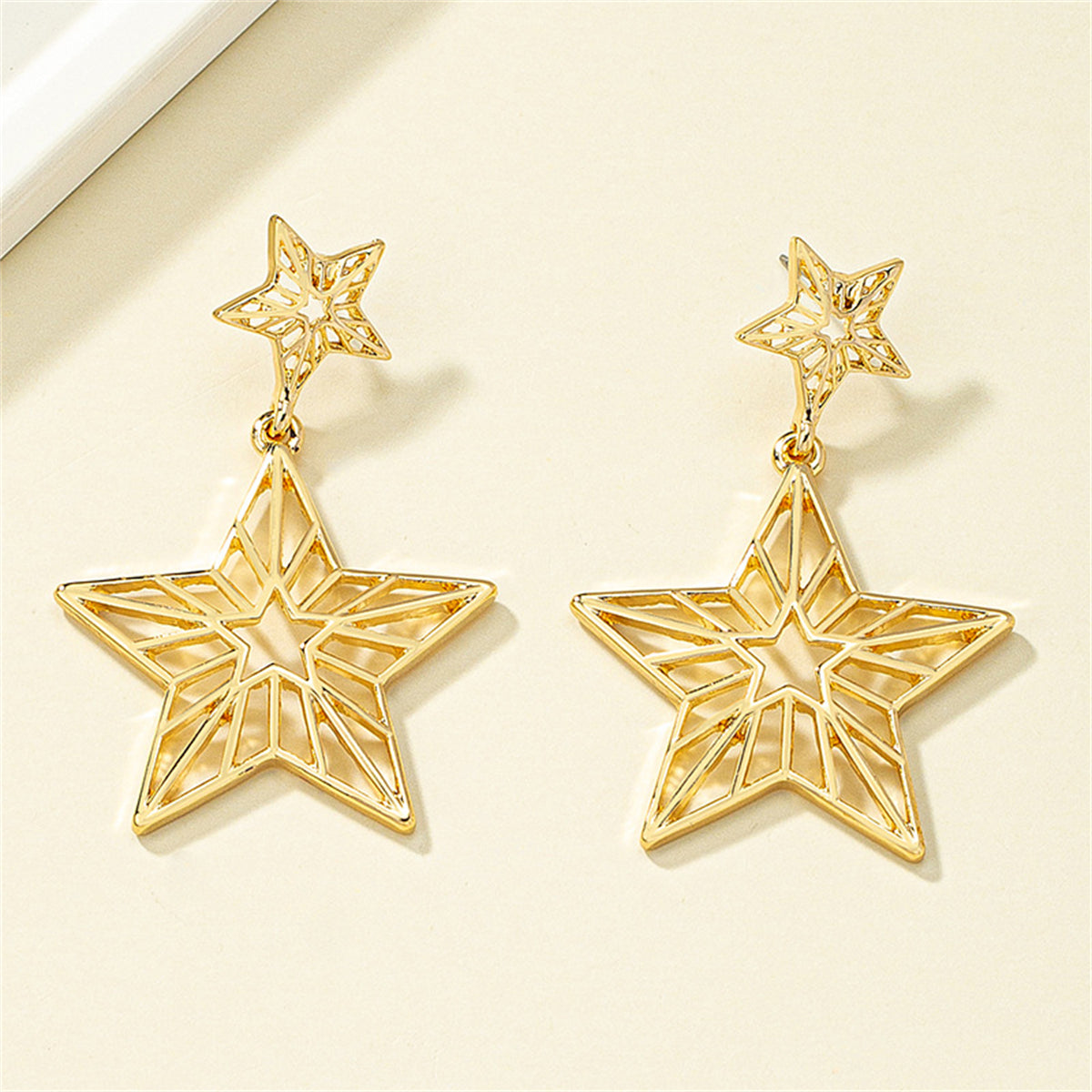 18K Gold-Plated Openwork Star Drop Earrings, gold drop earrings for women, botanical inspired, styled look