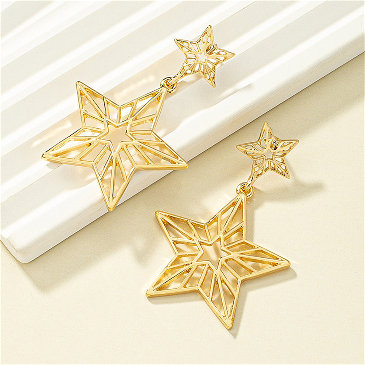 18K Gold-Plated Openwork Star Drop Earrings, gold drop earrings for women, botanical inspired, side view