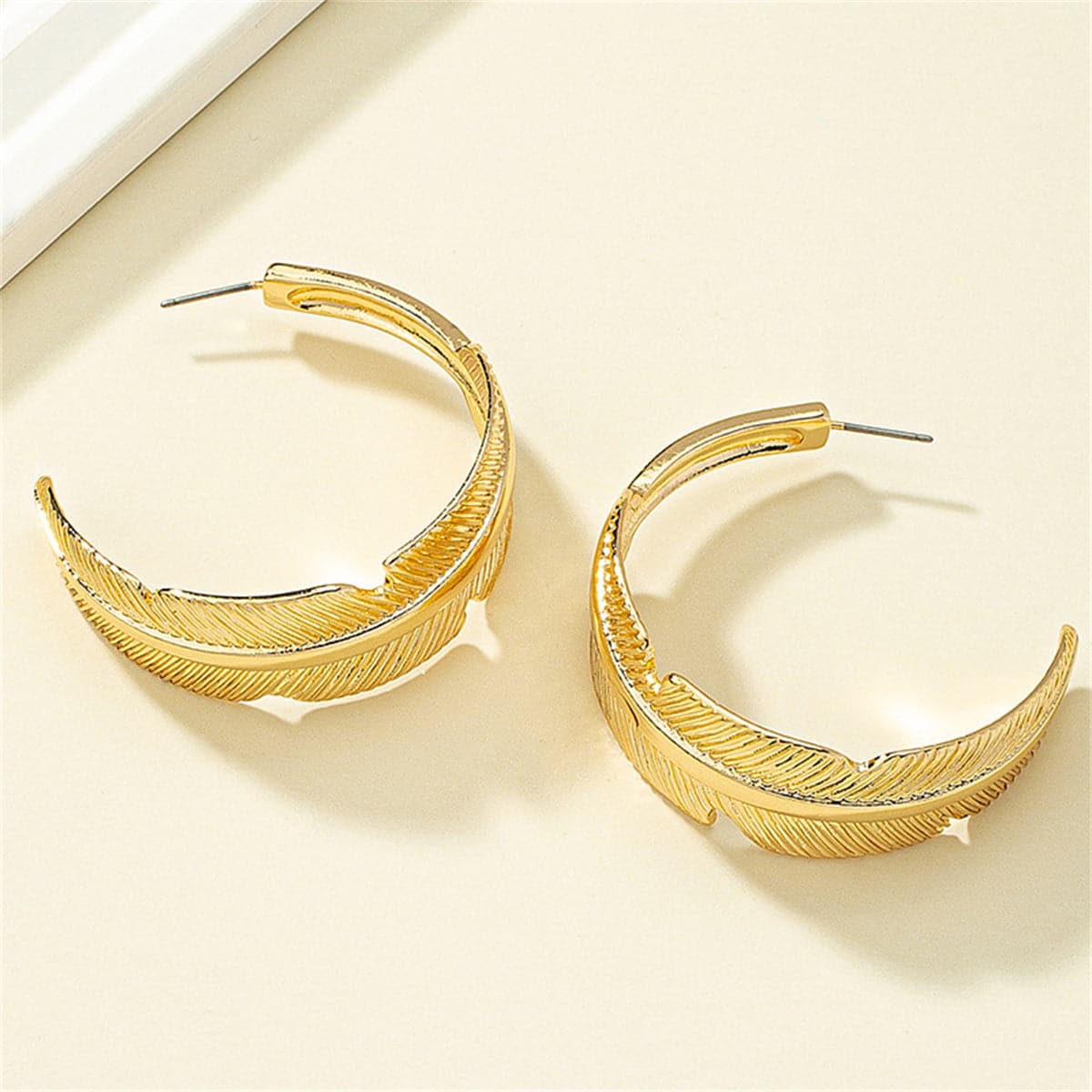18K Gold-Plated Feather Hoop Earrings, dainty minimalist design, side view