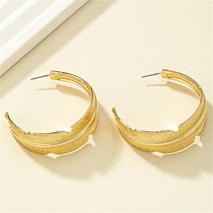 18K Gold-Plated Feather Hoop Earrings, dainty minimalist design, detail close-up