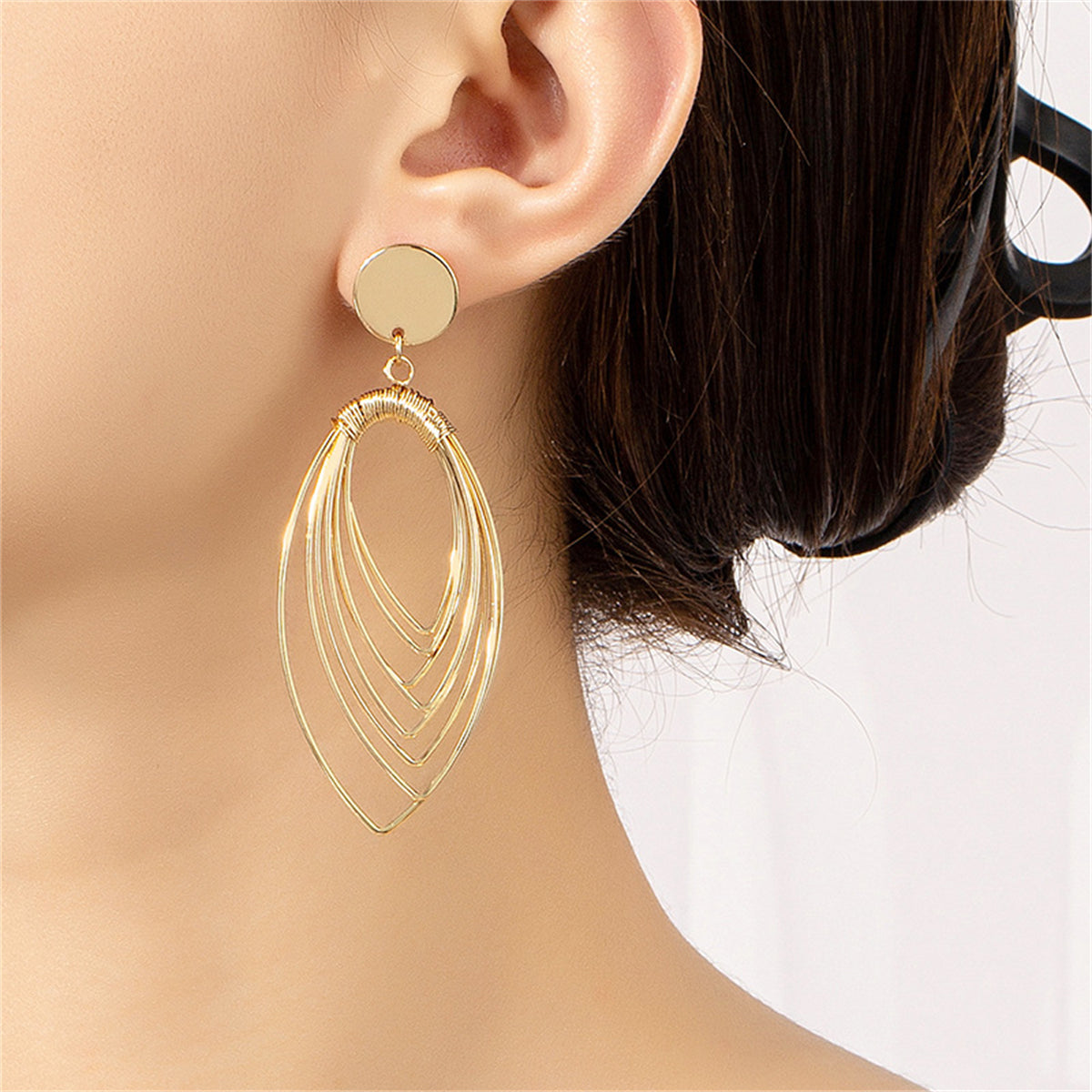 18K Gold-Plated Stacked Oval Drop Earrings, gold drop earrings for women, botanical inspired, front view