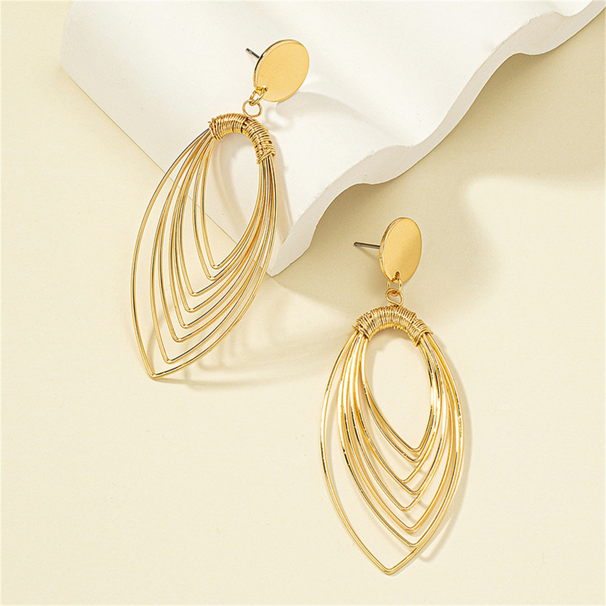 18K Gold-Plated Stacked Oval Drop Earrings, gold drop earrings for women, botanical inspired, detail close-up