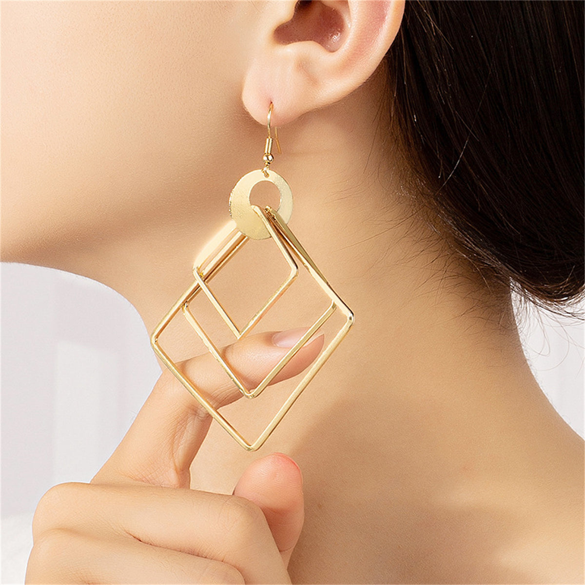 18K Gold-Plated Large Stacked Rhombus Drop Earrings, gold drop earrings for women, everyday style, front view
