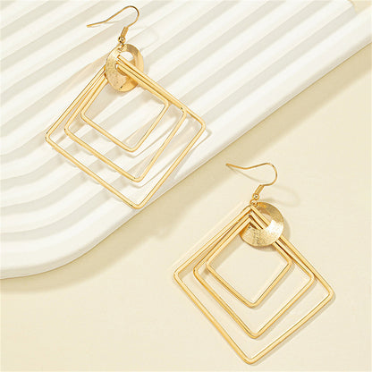 18K Gold-Plated Large Stacked Rhombus Drop Earrings, gold drop earrings for women, everyday style, lifestyle look
